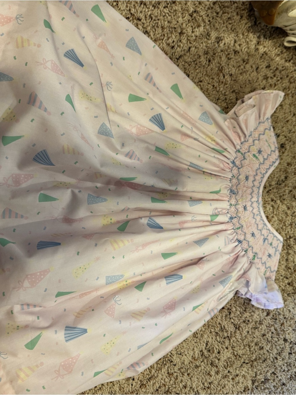 Smocked Pink Nightgown with Pastel Party Hat Print for Kids